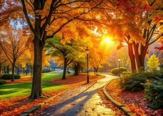 Illuminated by soft autumn light, a tranquil park reveals colorful foliage and peaceful pathways, inviting visitors to enjoy a serene escape beneath nature's vibrant display.