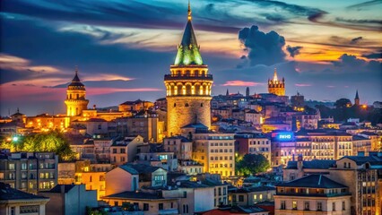 Fototapeta premium Illuminated Galata Tower stands majestically against Istanbulâ€™s vibrant skyline, showcasing the perfect blend of historic charm and contemporary energy in Turkeyâ€™s bustling nighttime scene.
