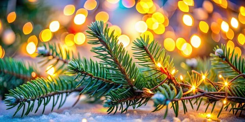 Illuminate your holiday celebrations with a festive fir branch wrapped in twinkling garland lights, bringing a delightful and cheerful ambiance to your seasonal gatherings.