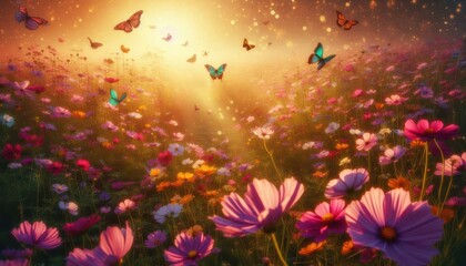 A vibrant field of flowers with butterflies, illuminated by a warm, golden light.