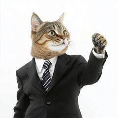 A cat in a formal suit, confidently delivering an engaging presentation, or encouraging the audience to stand up and fight for justice.