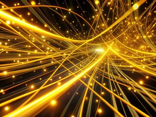 Immerse yourself in a dynamic 3D animation set against an abstract black canvas, showcasing luminous golden yellow neon lines and flowing trails in motion.
