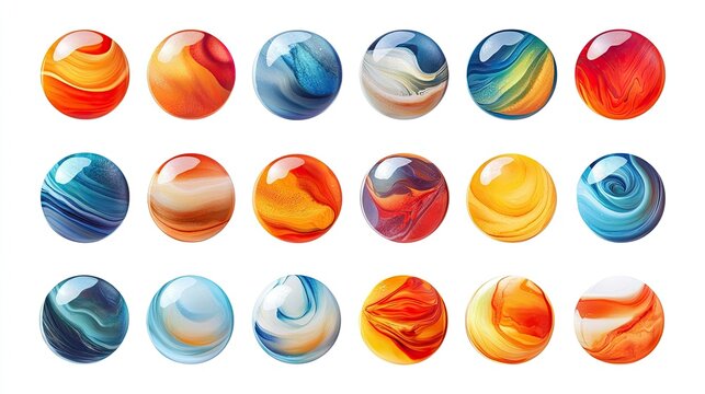 A collection of 18 colorful glass marbles with unique and swirling patterns.