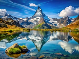 Fototapeta premium Immerse yourself in the stunning Swiss Alps during summer, where Stellisee Lake beautifully mirrors the Matterhorn, creating a breathtaking scene in Zermatt's landscape.
