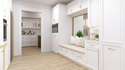 A stylish built-in bench offers comfort with soft cushions and decorative pillows, complemented by a mirror and fresh flowers in a serene, light-filled room