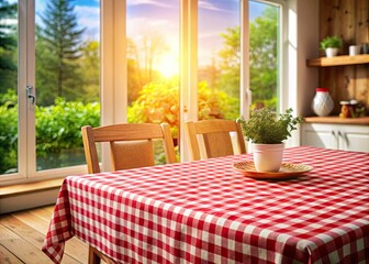 Fototapeta premium In a charming dining space, a red checked tablecloth covers a wooden table, while a hazy window in the background enhances the cozy atmosphere.