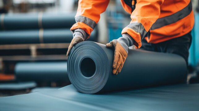 Worker Inspecting EPDM Material on Construction Site