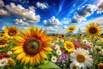 Obraz premium In a colorful summer landscape, bright sunflowers and lovely daisies flourish in full bloom, creating a joyful, warm atmosphere that highlights nature's abundant beauty and elegance.