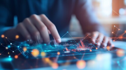 A person working on a holographic interface with charts and data connections, depicting innovation and efficiency, copy space, vibrant, blend mode, office environment.