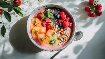 A top-down view of a perfectly arranged smoothie bowl topped with fresh fruits, chia seeds, and nuts, set on a clean, white kitchen counter with soft sunlight
