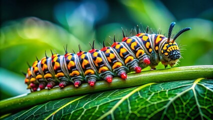 Fototapeta premium Close-Up of Caterpillar on a Leaf - Macro Photography of Nature's Beauty