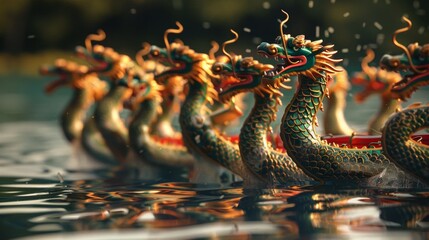 Fototapeta premium Mythical Water Dragon Dancers Performing in Enchanted Lake Reflection