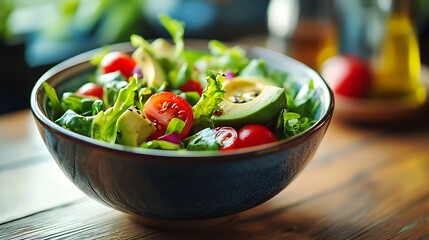 A colorful bowl of fresh salad with mixed greens, avocado, cherry tomatoes, and a drizzle of olive oil, set on a wooden table with natural light streaming in