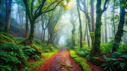 In a foggy forest, an enigmatic trail beckons, enveloped by vibrant greenery and majestic trees, inviting curious souls to uncover its mysteries.