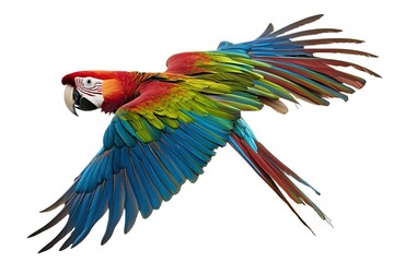 Fototapeta premium Green-winged Macaw, Ara chloropterus, 1 year old, flying in front of white background