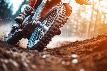 Fototapeta premium Close-up of dirt bike racing on muddy track