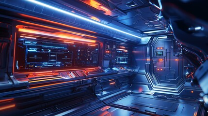 Futuristic spaceship interior, brightly lit with metallic textures, advanced control panels, and a sterile, streamlined look