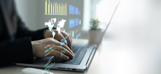 Financial business data analytics graph dashboard. Businessman using KPI dashboard. Management data System KPI connected in database for follow earnings,operations and sales data.