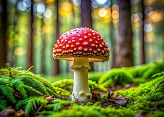 In a lush green forest, a stunning Flyagaric mushroom emerges, showcasing its vibrant color and adding to the breathtaking beauty of nature's landscape.