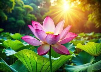 In a lush green setting, a luminous lotus flower unfurls under the warm sun, embodying the serene beauty of nature in a captivating outdoor scene.