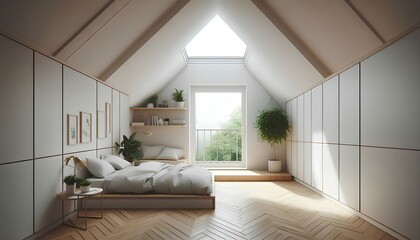Fototapeta premium Bright attic bedroom with skylight and plants