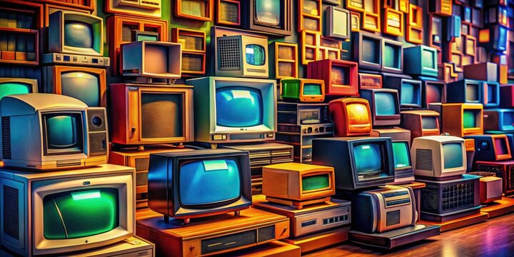 In a nostalgic scene, a collection of vintage computer monitors highlights the retro technology from decades past, reminding us of the evolution of digital experiences.