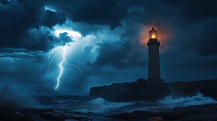 towering lighthouse stands firm against a dark, stormy sky, with bolts of lightning illuminating the clouds in the background, waves crashing at the rocky shore
