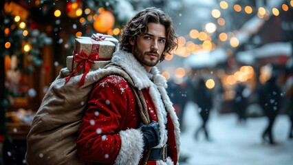 Handsome man in Santa outfit carrying gift sack in snowy holiday market, festive Christmas scene
