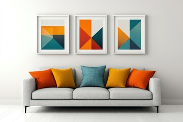 3 white a1 frame with geometric patterns inside the frames using the colors in the photo and a teal blue - orange color to be minimal. setting is to be a contemporary living room