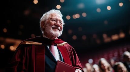 An esteemed elder in an elegant maroon robe proudly holds a diploma aloft on stage, celebrating the culmination of a remarkable academic journey and achievement.