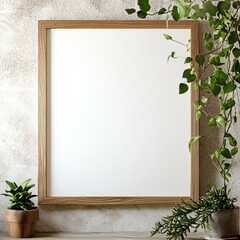 A natural, eco-friendly setting with an empty wooden frame surrounded by green plants on a rustic wall background.
