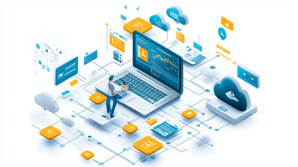 Obraz premium Digital workspace with cloud computing and data visualization elements