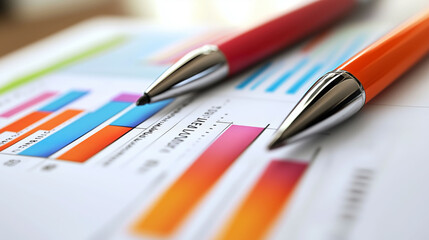 Colorful bar charts and pens on a business report