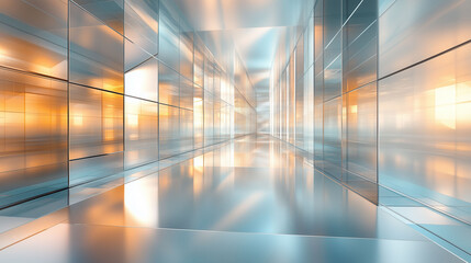 Futuristic hallway with reflective glass walls and warm lighting reflections