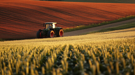 Obraz premium Tractor working in a field during golden hour on a gently rolling landscape