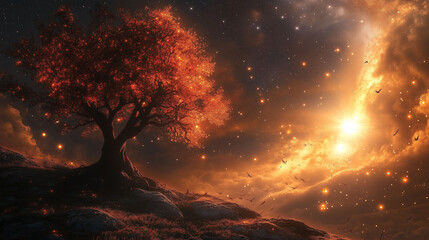 Enchanted tree with glowing red leaves under a fiery sunset sky filled with stars and flying creatures