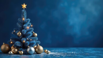 Blue and gold Christmas tree toys on a dark blue background, Christmas tree, festive atmosphere, free space for text