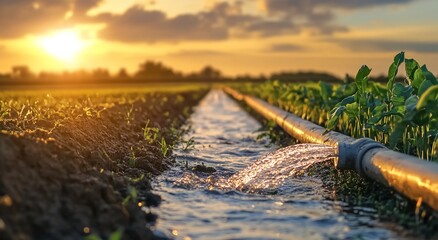 Obraz premium A photograph of an agricultural field with water pipes and plants