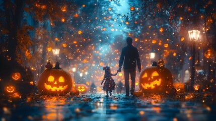 Spooky Halloween Forest with Glowing Pumpkins and Silhouetted Figures