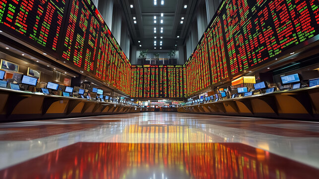 .Stock exchange interior with large digital boards displaying market data and stock prices