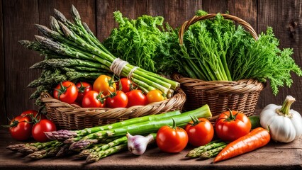 A vibrant display of fresh vegetables arranged in baskets on a rustic wooden background.