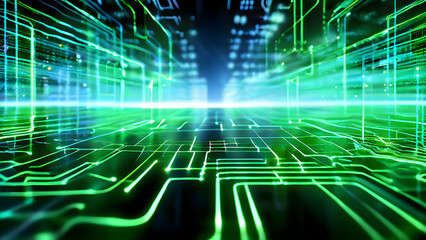 Obraz premium Digital transformation meets electronic database represented by glowing neon green lines symbolizing the transfer of cloud computing codes