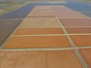 Aerial view of a geometrical Salt pans of Cádiz, Spain 