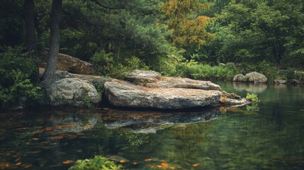 Fototapeta premium Tranquil Forest Stream with Rocky Shoreline
