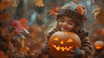 Cheerful Girl Holding Carved Pumpkin in Autumnal Nature Landscape