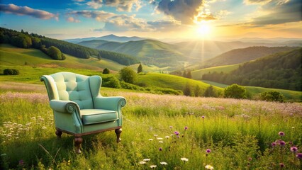 Cozy Mint Green Armchair in Serene Nature Landscape for Relaxation and Style