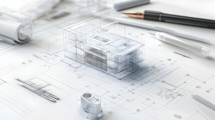 Architectural 3D wireframe blueprint design layout plan of modern residential commercial or industrial building  Detailed technical engineering sketch with grid geometry and perspective view