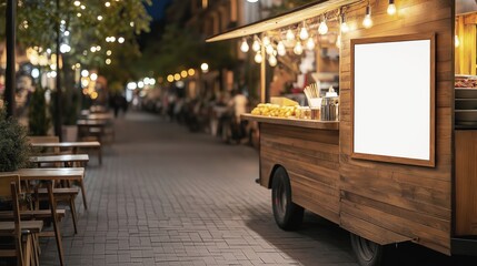 Nighttime Scene of a Rustic Wooden Food Truck with Blank Menu Board on a Street Surrounded by City Lights and Tables