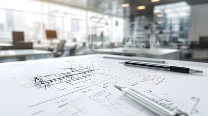 Architect s desk with various blueprint sketches design tools and other engineering equipment in a modern office workspace or studio