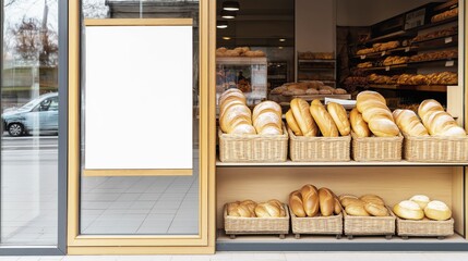 A beautiful display of freshly baked artisan bread, pastries, and loaves in charming wicker baskets at a bakery window.